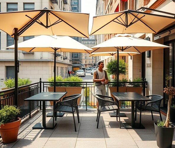 Jakie parasole restauracyjne wybrać na mały taras, by zmieścić 4 stoliki?