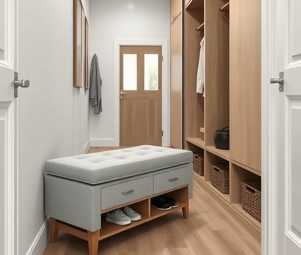 Jak wybrać ławkę tapicerowaną na buty do wąskiego przedpokoju z szafą, żeby zwiększyć miejsce do przechowywania?